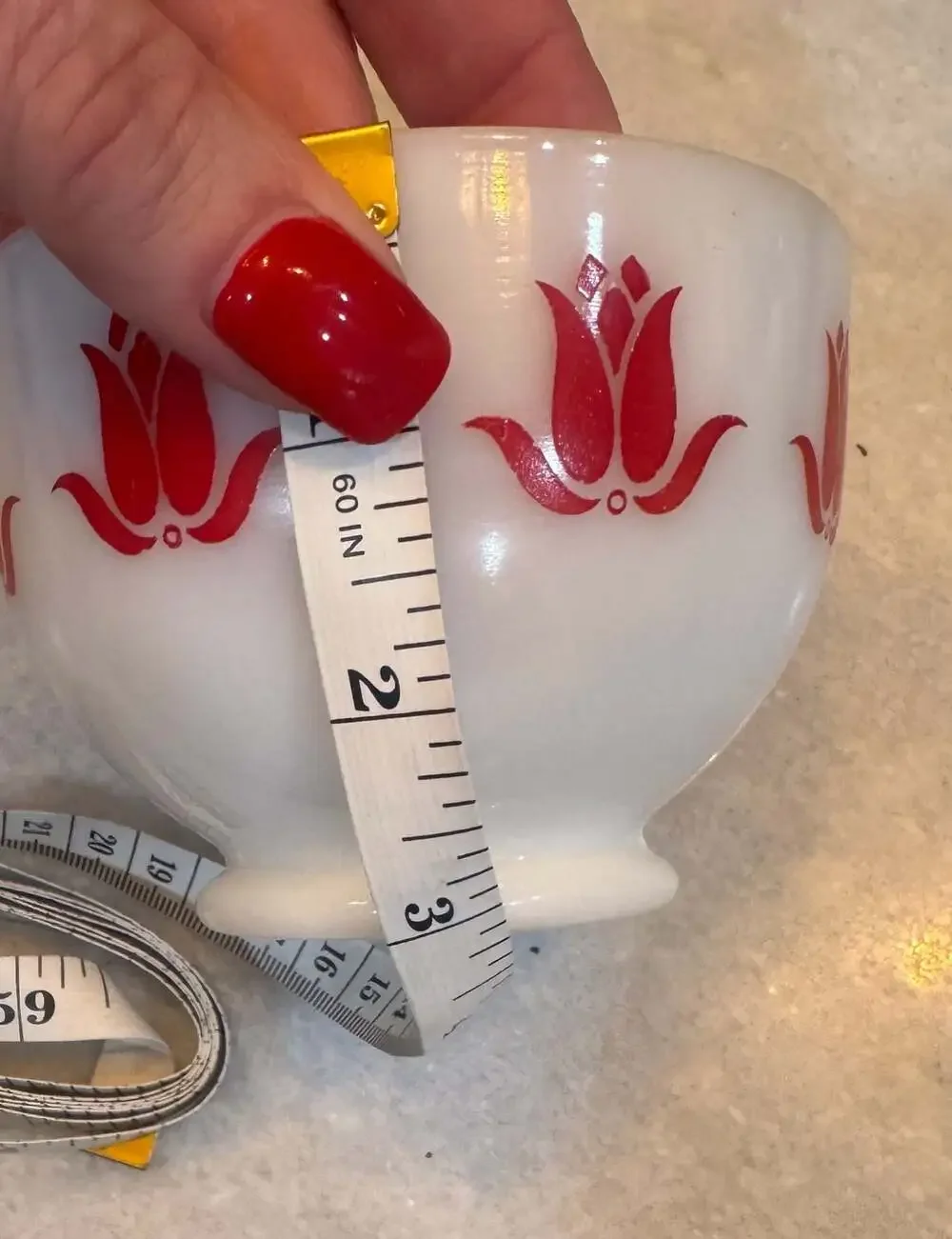 Set of 2 Vintage Fire-King Red Tulip Cottage Cheese Milk Glass Bowls